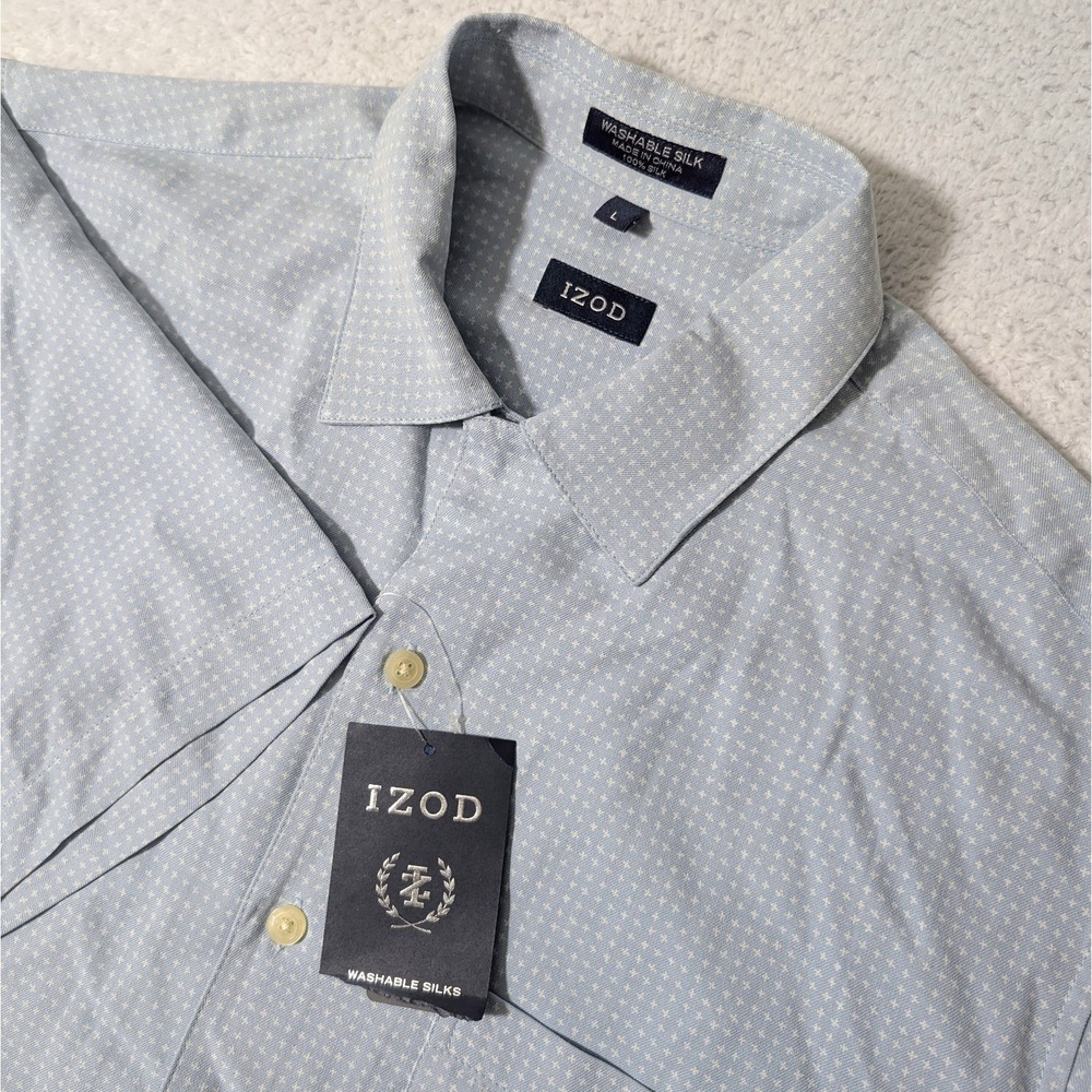 NEW! IZOD Shirt Men L Light Blue 100% WASHABLE Silk S/S Button Pocket All Over